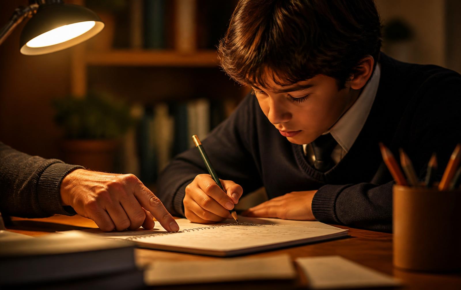 Student focused on homework under a warm desk lamp with tutor guidance