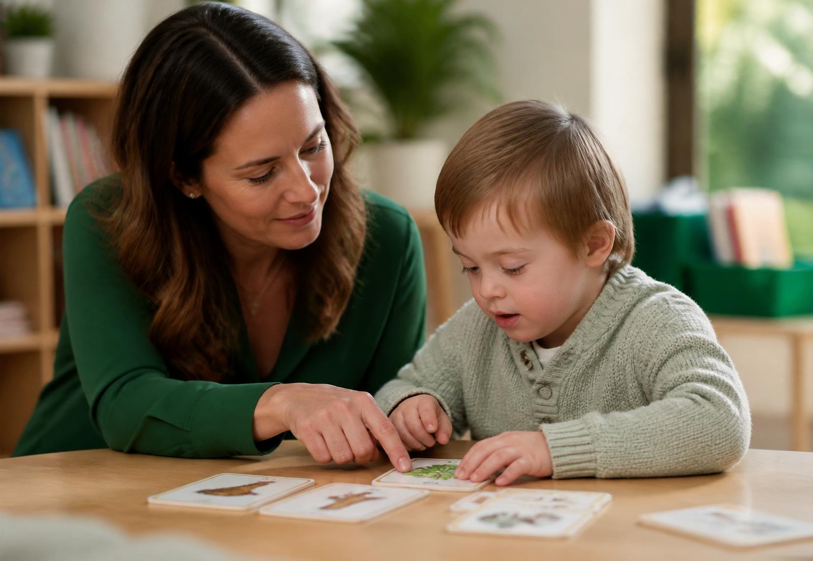 Learning support specialist gently guiding a young child through a reading activity
